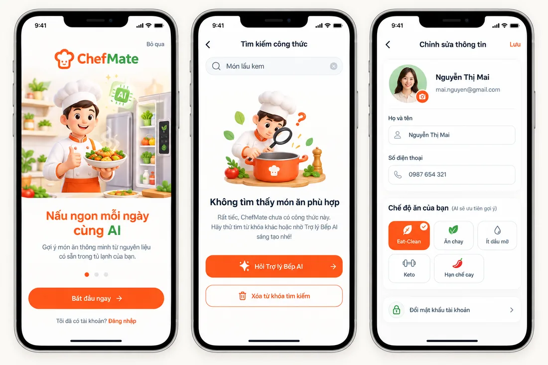 Màn hình chào, tìm kiếm công thức và chỉnh sửa hồ sơ của ứng dụng ChefMate