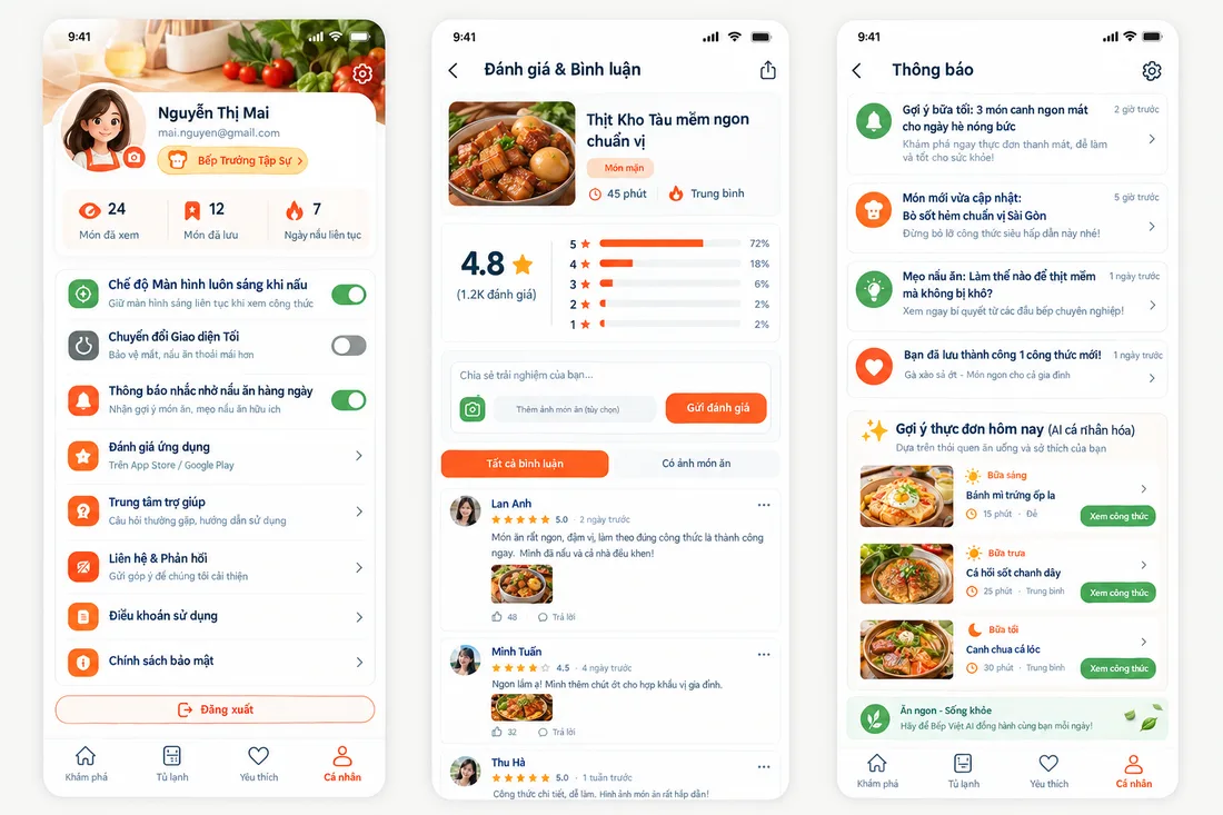 Màn hình cá nhân, đánh giá và thông báo của ChefMate
